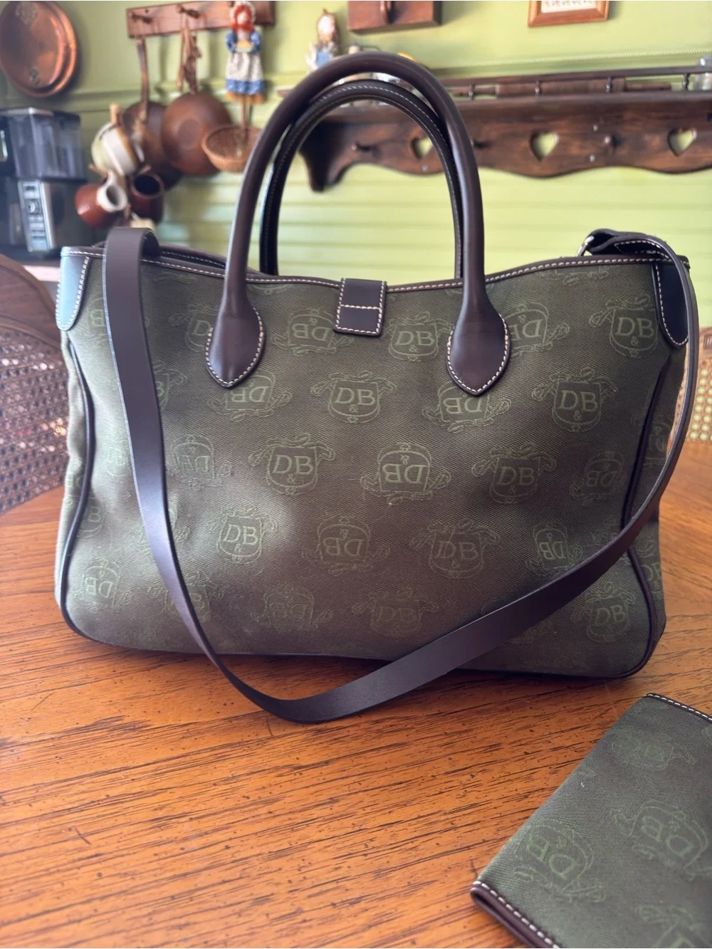 Dooney & Bourke Large Signature Satchel – Green Canvas & Brown Leather Trim –